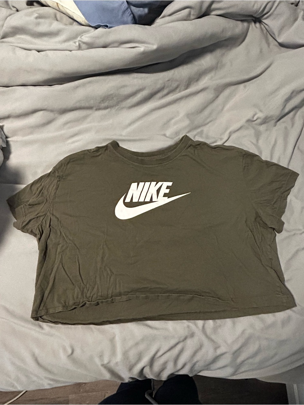 Nike Olive Cropped Logo Tee in White Swoosh